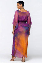 复制Xpluswear Design Plus Size Cocktail Party Purple Tie Dye Round Neck Flare 3/4 Sleeve Ruched Chiffon Maxi Dresses