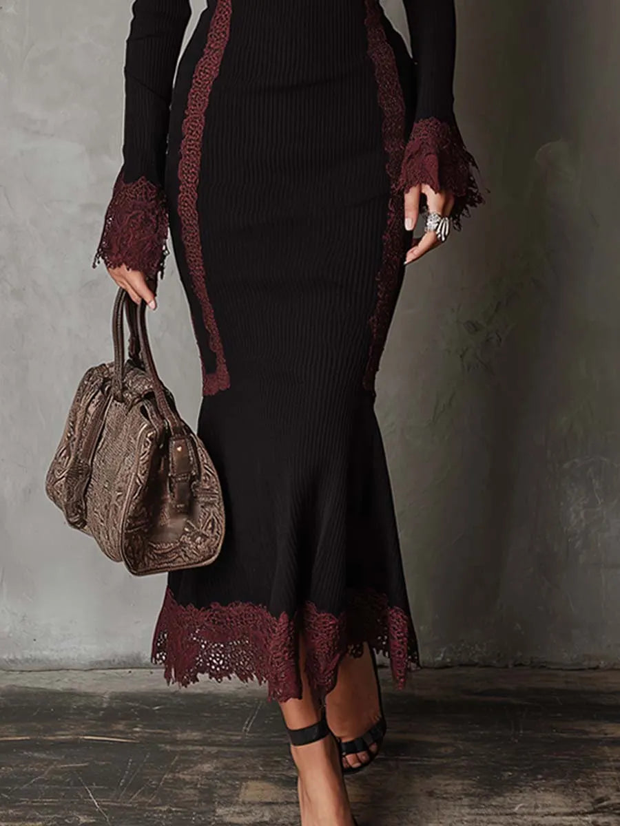 Retro Contrasting Lace Trim Knit Midi Dress