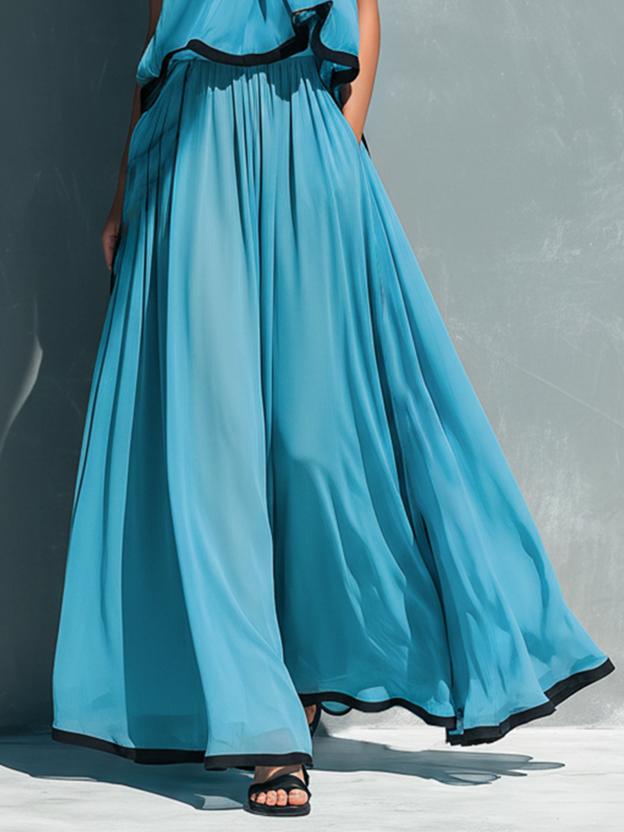 Women’s Sky Blue Chiffon Halter Neck Ruched Contrast Trim Crop Cami Top And High-Waisted Chiffon Flared Trousers Set MDZ1399D9T