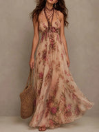 Floral Print Halter Deep V Ruched Waist Flowy Chiffon Maxi Dress