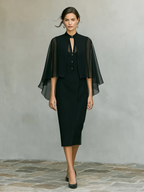 Women's Black Crepe & Chiffon Two-Piece Set With Cape Overlay & Midi Dress, Timeless Formal-Elegant Style Set MDZ1418D7LYL