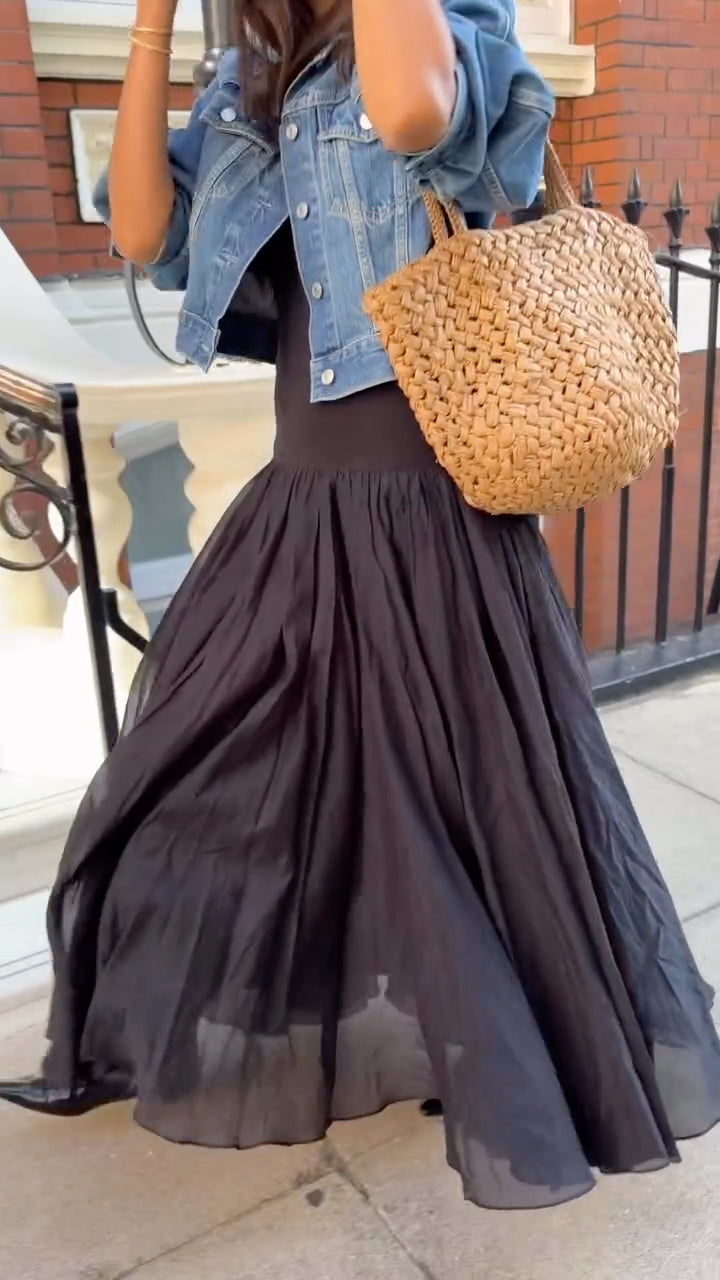 Cropped Denim Jacket & Flowing Maxi Dress Set