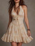 Vintage Floral Print Halter Mini Dress