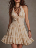 Vintage Floral Print Halter Mini Dress