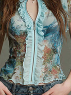 Vintage Floral Print Ruffled Sheer Mesh Zip-Up Top