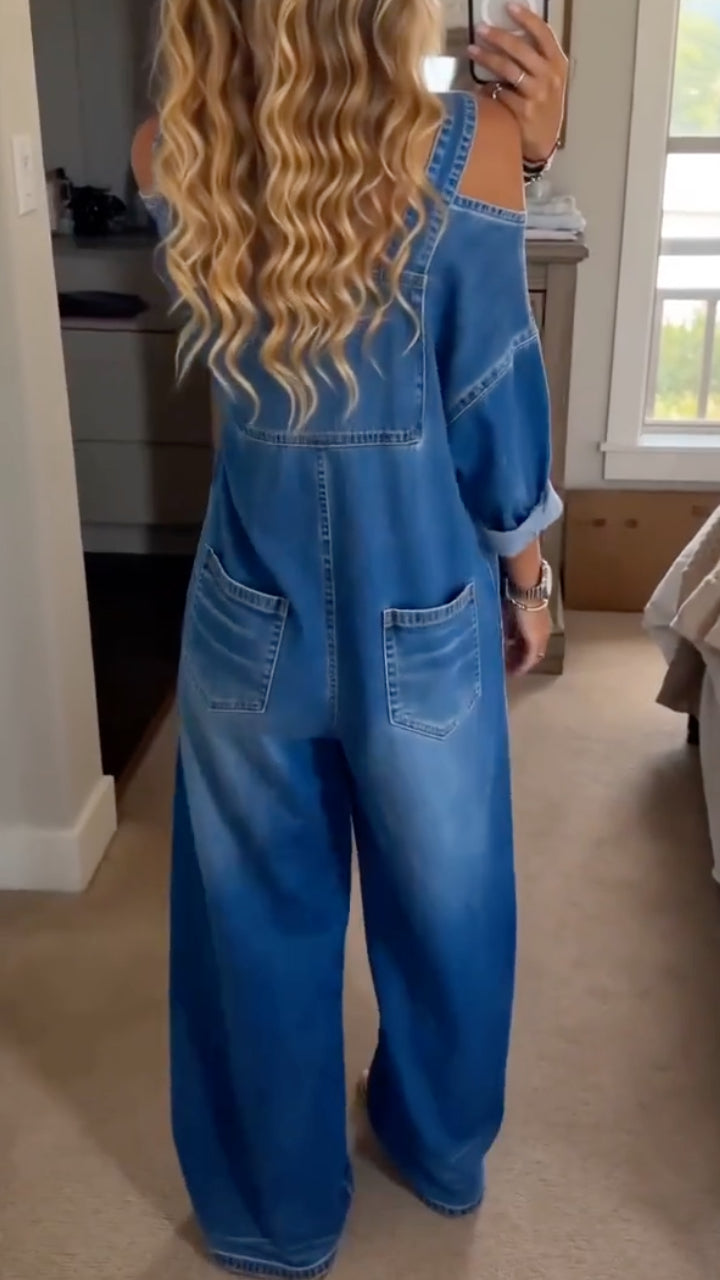 Blue Denim Off‐Shoulder Wide Leg Jumpsuit