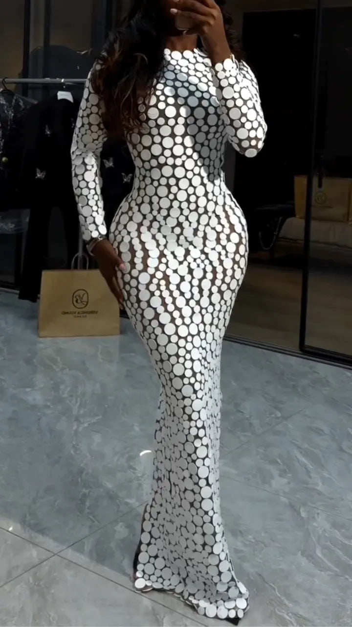 Silver-Tone Disc-Embellished Long-Sleeve Maxi Dress
