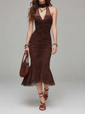 Chocolate Brown Cotton-Knit & Mesh Lace Halter Ruched Midi Dress