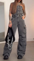 Light-Wash Strapless Cargo Denim Jumpsuit