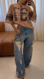 Lace Graphic Top & Distressed Wide-Leg Jeans Set
