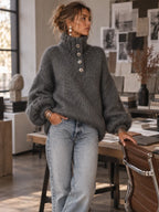 Button-Neck Chunky Knit Sweater