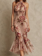 Retro Stand-Collar Shirred-Waist Fishtail Chiffon Printed Maxi Dress