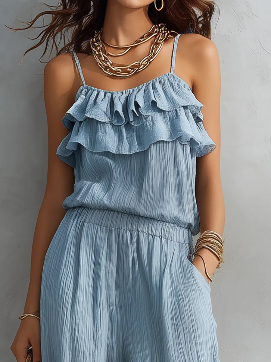Airy Ruffled Wide-Leg Pants Set