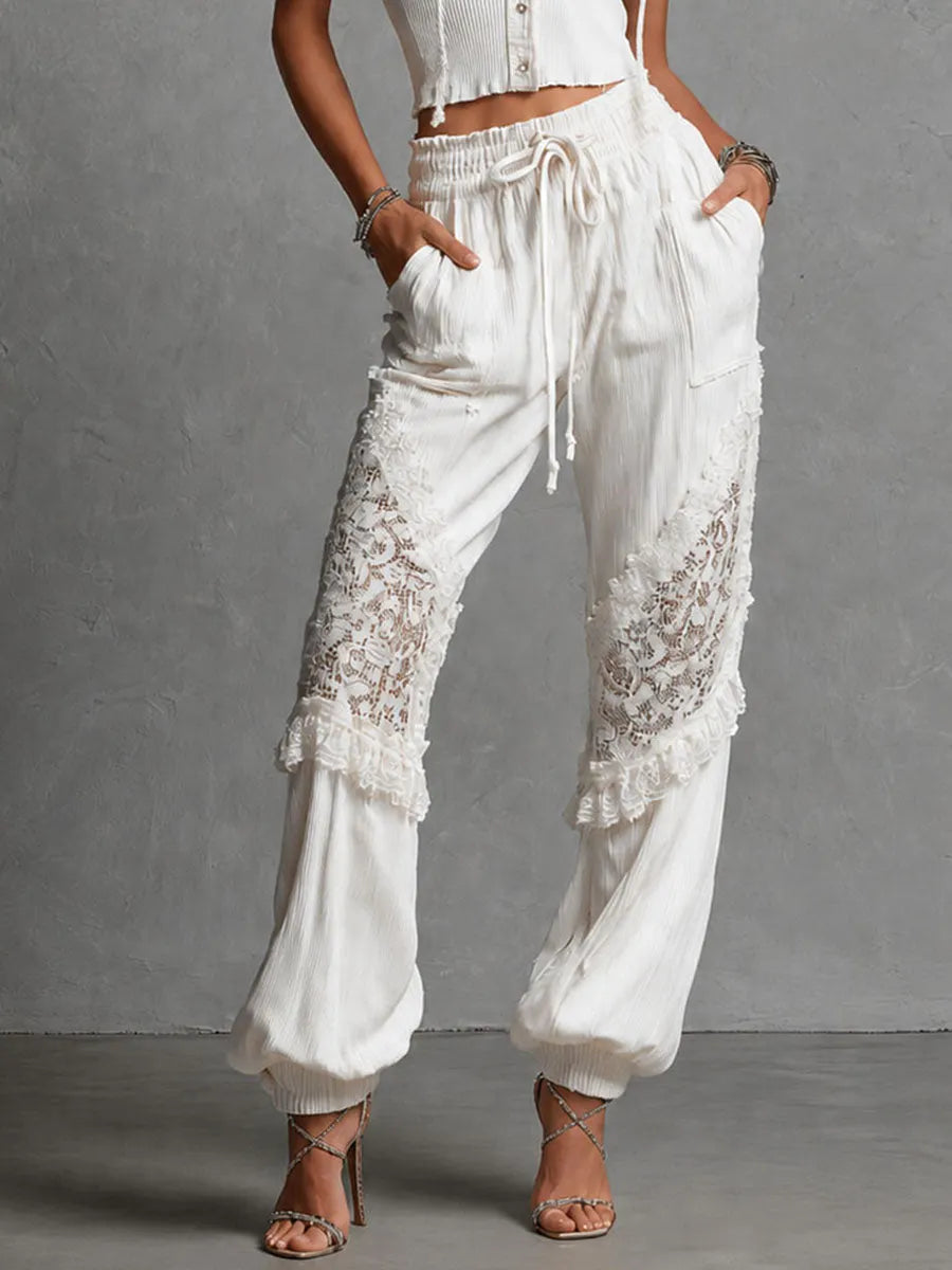 Boho Chic White Lace Panel Knite Hooded Top & Drawstring Pants Set