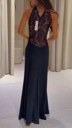 Black Halter Lace Satin Mermaid Evening Gown