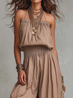 Bohemian Cotton-Linen Halter Smocked Balloon-Leg Jumpsuit