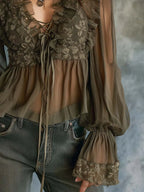 Vintage-Style Embroidered Ruffled Sheer Chiffon Blouse