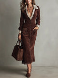 Vintage Chocolate Brown Lace Trim Button Maxi Dress