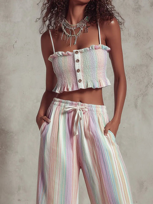 Boho Chic Pastel Striped  Smocked Top & Wide-Leg Drawstring Pants Two-Piece Set