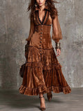 Vintage-style Polyester Velvet Contrasting Lace Trim Midi Dress