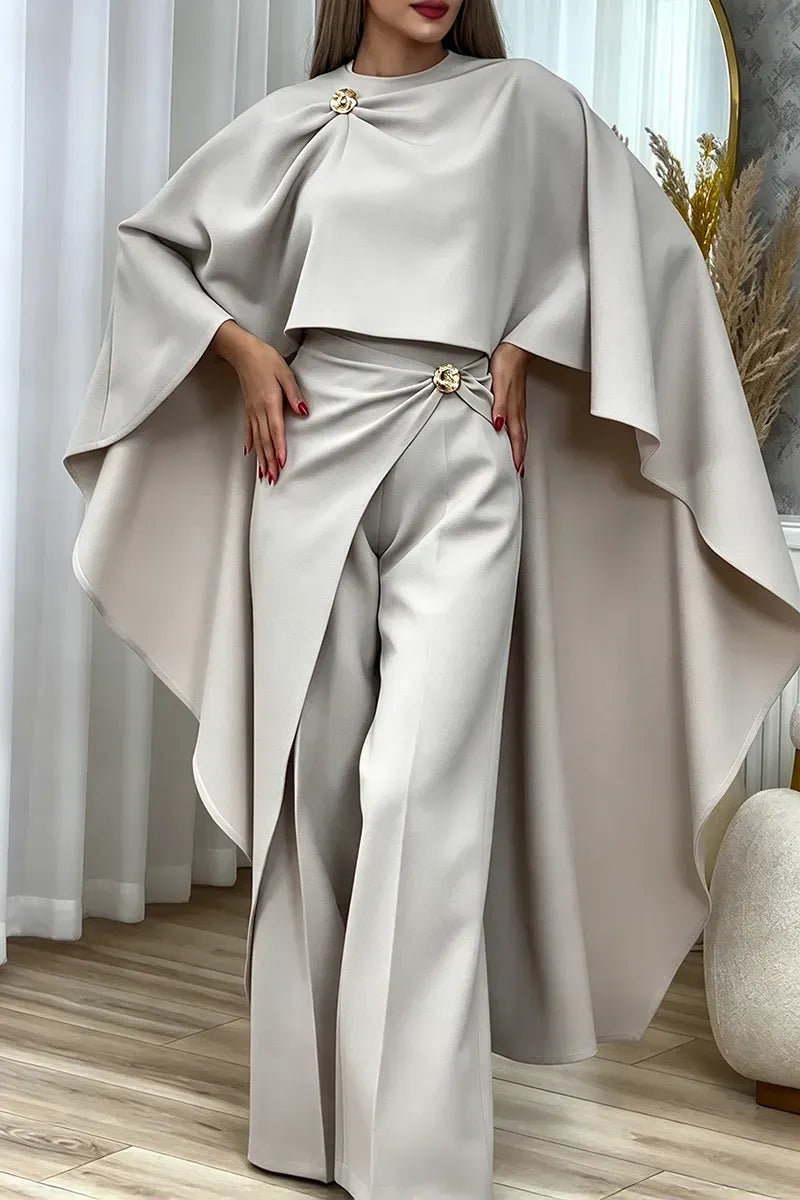 Stone Draped Cape Top & Wrap-Panel Wide-Leg Pants Set
