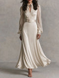 Vintage Lace Trim Satin Belted Long Sleeve Guest Maxi Dress
