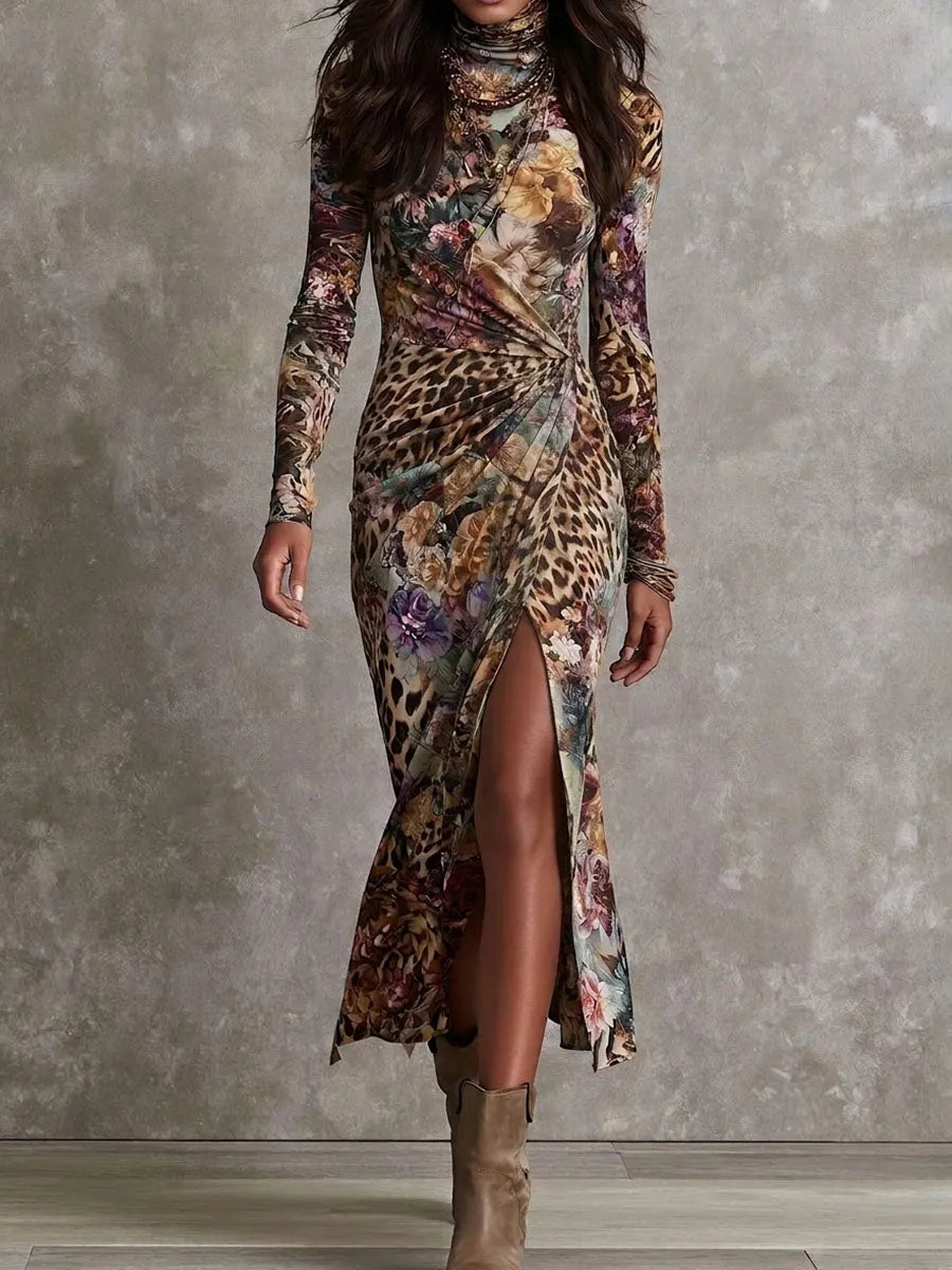 Vintage Animal Floral Print High Neck Twist Front Split Midi Dress