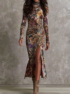 Vintage Animal Floral Print High Neck Twist Front Split Midi Dress