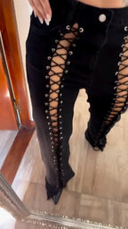 Black Eyelet Lace-Up Cutout Flared Pants