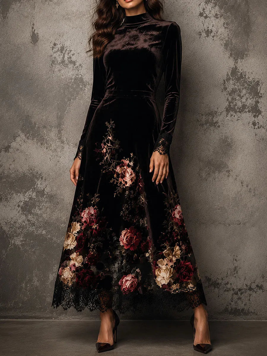 Elegant Floral Velvet Lace Hem Stand Collar Flare MaxiDress