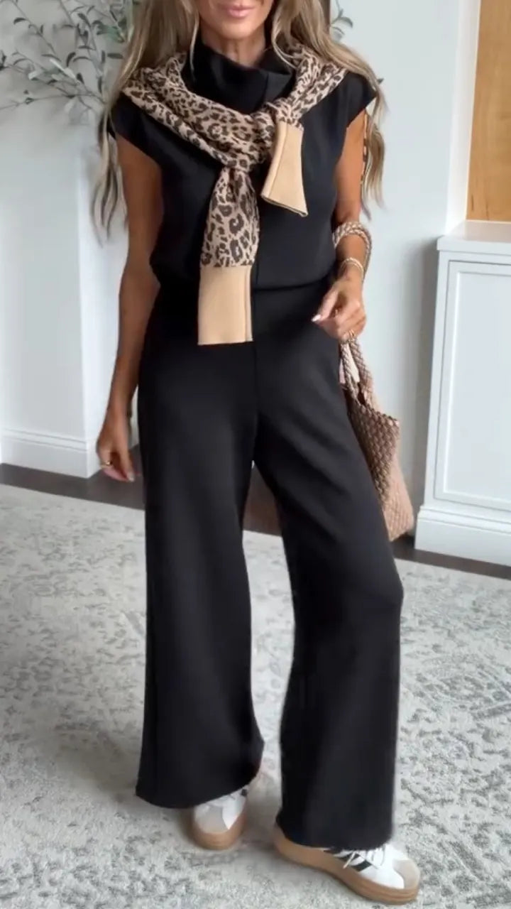 Black Asymmetric-Collar Top & Wide-Leg Pants Set