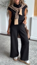 Black Asymmetric-Collar Top & Wide-Leg Pants Set