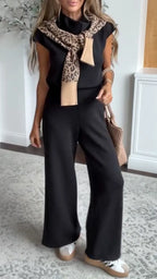 Black Asymmetric-Collar Top & Wide-Leg Pants Set