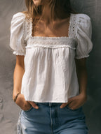 Boho White Square-Neck Puff Sleeve Crochet Lace Trim Blouse