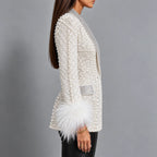 Pearl-Embellished Rhinestone-Lapel Feather-Cuff Blazer