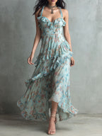 Elegant Mint Blue Ruffled Floral Chiffon Maxi Dress