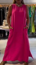 Women Round Neck Sleeveless Solid Color Loose Casual Dress