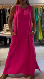 Women Round Neck Sleeveless Solid Color Loose Casual Dress