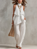 Bohemian White Linen Ruffled Top And Wide Leg Pants
