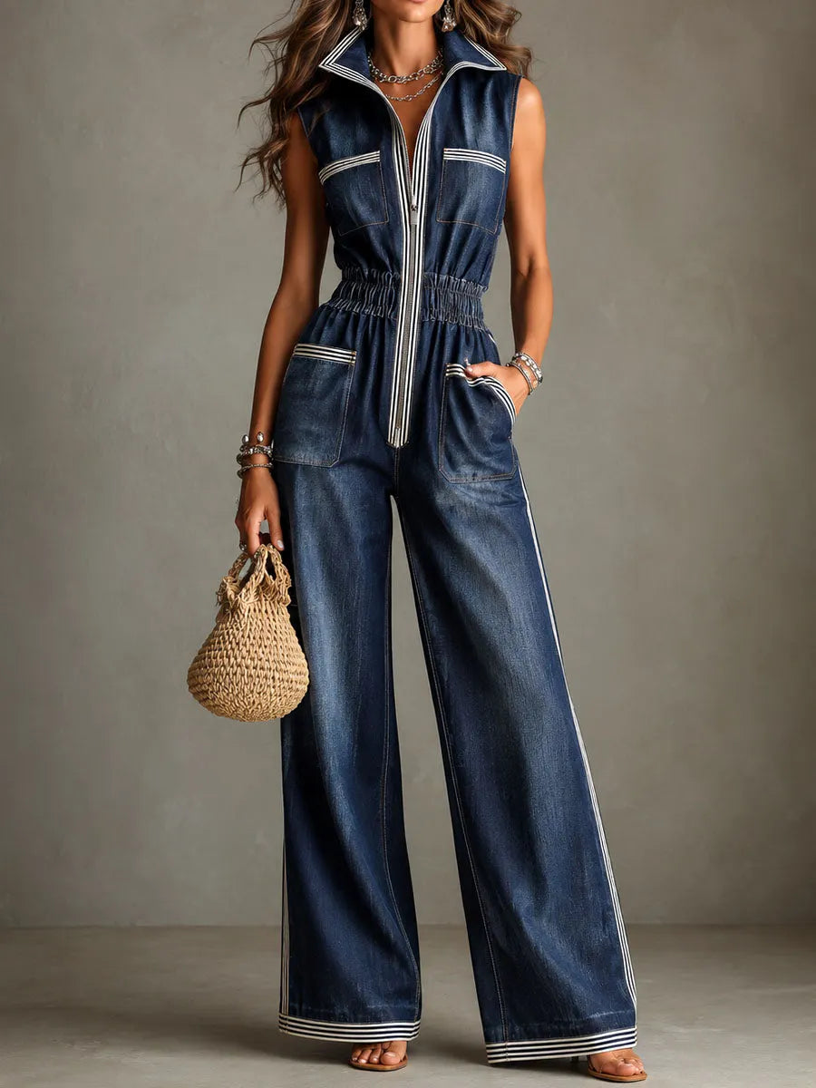 Retro Contrast Trim Denim Elastic Waist Zipper Wide-Leg Jumpsuit