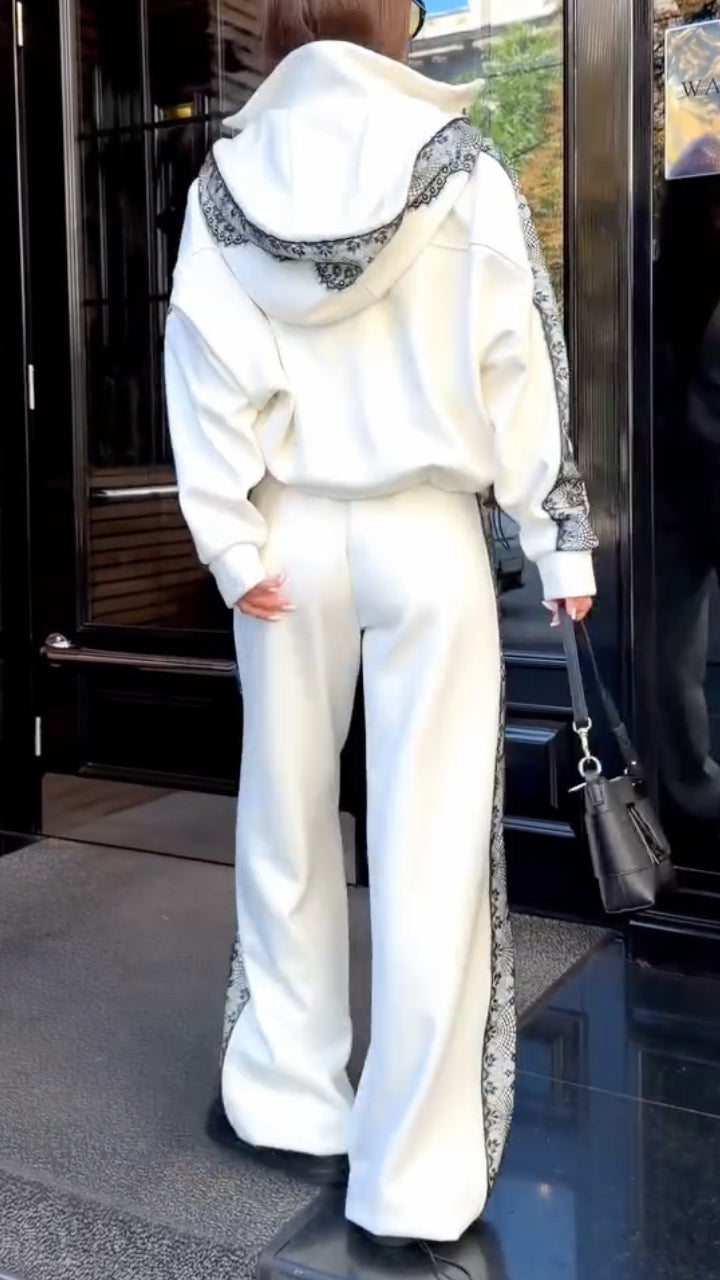 White Floral-Lace Stripe Zip Jacket & Wide-Leg Pants Set