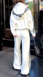 White Floral-Lace Stripe Zip Jacket & Wide-Leg Pants Set