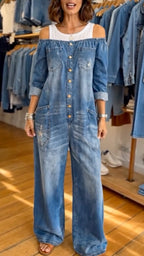 Women's - Faux Two-Piece Denim Jumpsuit