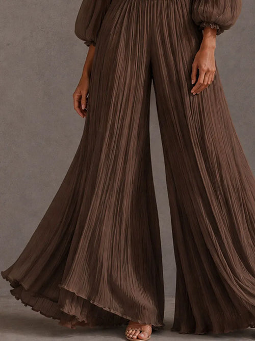 Boho Brown Crinkle Off Shoulder Ruffle Smocked Waist Wide Leg Jumpsuit