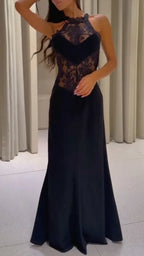 Black Halter Lace Satin Mermaid Evening Gown