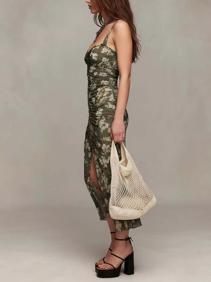 Bohemian Floral Ruched Mesh Midi Dress