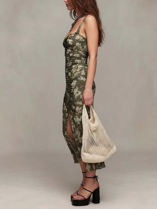 Bohemian Floral Ruched Mesh Midi Dress