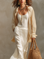 Versatile White Satin Slip Dress And Striped Shirt Layering Set