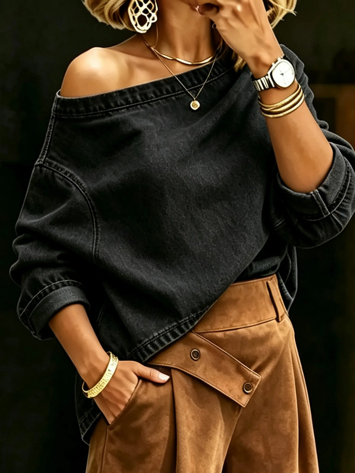 Off-Shoulder Relaxed Denim Top
