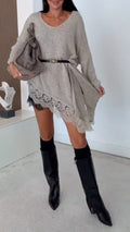 Asymmetric Lace-Trim Knit Long Tops